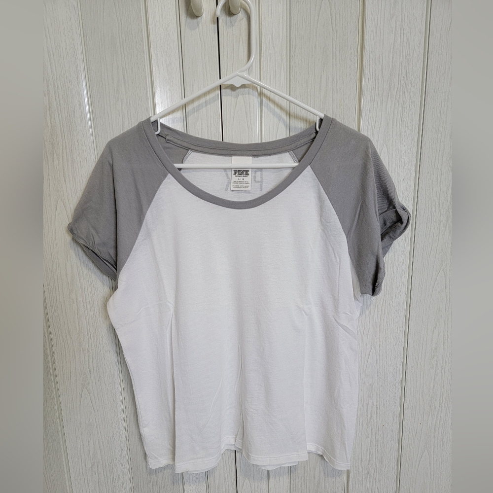 PINK - Victoria's Secret White And Gray Raglan Sleeve Top